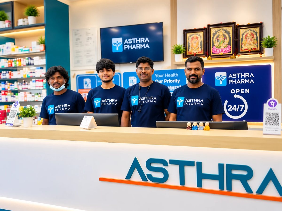 The Asthra Pharmacy team at the counter in Devanahalli
