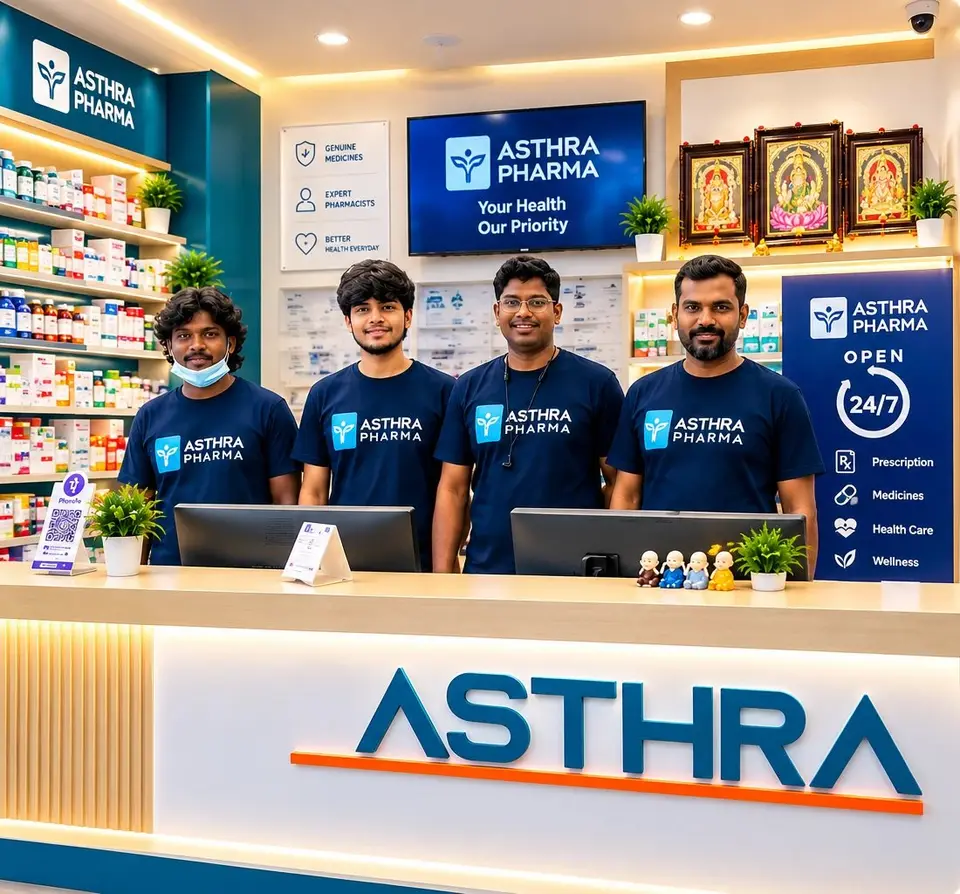 The Asthra Pharmacy counter in Devanahalli, open 24/7